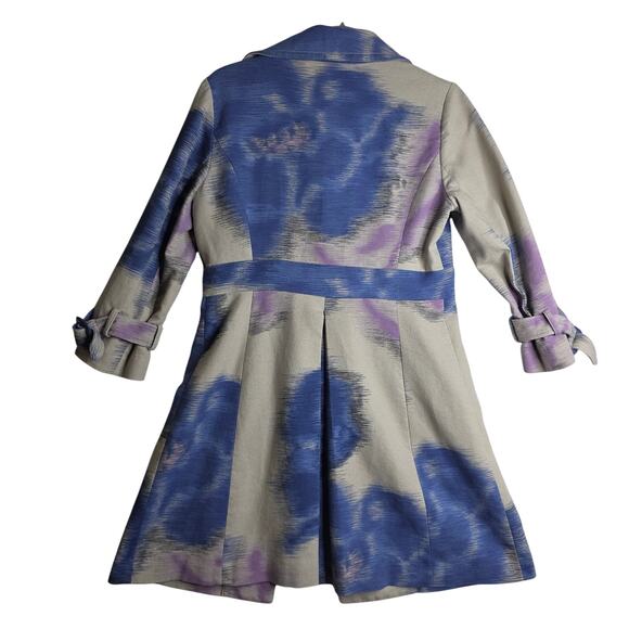 Anthropologie Elevenses sz8 Vintage Trench Blue Pink OffWhite Abstract Babydoll - Picture 2 of 15